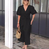 Women's Clothing 2025 Spring And Summer 2025 New V Tie With Foam Sleeve Cotton Dress HZ1208