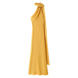 Ins Homemade Niche New Women's Clothing In Spring And Summer Solid Color Hanging Neck Silk And Siding Texture Dress HZ1208