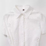 Spring New Fashion Collar Short Sleeves Pure White Embroidered Shirt Dress Women 2614271 HZ1208