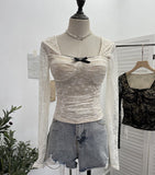 Real Pat With Chest Cushion Square Collar Bow Lace Long Sleeve Bottom Top Dress Slim Slim Short Shirt 9520 HZ1208