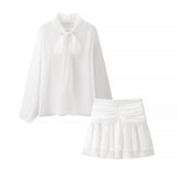 Fashion Women's Two-Piece Summer Thin Bow Tie With Long-Sleeved Cover Loose Shirt Folded Mini Dress HZ1208