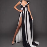Sexy Women's New Three-Dimensional Flowers Sexy Deep V Black And White Striped Sleeveless Dress HZ1208