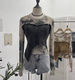 Vintage Dye Mesh Spliced Denim Shoulder Long-Sleeved T-Shirt T-Shirt T-Shirt Dress 2617 HZ1208