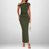 2025 Summer Women's Temperament Elegant Fashion Sexy Solid Color Oblique Shoulder High-Waisted Dress HZ1208