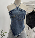 2025 Summer Babes Hanging Neck Cowboy Corset Irregular Hairy Short Vest 8905 HZ1208
