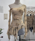 Personality Tie-Dye-Print Oblique Shoulder Dress Repair Irregular Lotus Horn Long-Sleeved Mesh T-Shirt 9955 HZ1208