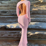 Knitted Women's Dress Sexy Hollow Bare Back Wool Dress Long Sleeve Cover Round Pink Long Dress HZ1208