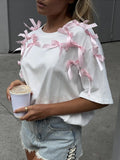 Cute Girl Ribbon Bow Loose Short-Sleeved T-Shirt In Wind Loose Cotton Casual Blouse HZ1208