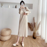 Autumn And Winter 2025 Long-Sleeved Collar Knitted Dress New Medium And Long Solid Color Bottom Straight Over Knee Dress HZ1208