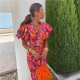 2025 New Print V-Neck Tight-Body Bag Toss-Waist Short-Sleeved Women's Dress HZ1208