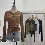 Design Feel Niche Cowboy Splicing Long-Sleeved Mesh T-Shirt Girl Summer Round Collar Dress Short Top 2617 HZ1208