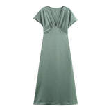 Spring New Silk Hyssin V-Neck Fan Flute Dress 2330399 HZ1208