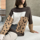 2025 Leopard-Print Spliced Sweater Female Soft Thick Sheep Velvet Long Sleeve Knitted Tops In Wind HZ1208