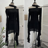 The Dark Waste Soil Wind Makes The Old Hole Hanging Shoulder Hanging With Long Sleeves Irregularly Open Fork T-Shirt Skirt 9295 HZ1208