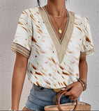 Wishebay Women's Dress V-Neck Lace Loose Top Commuter Short-Sleeved Shirt Women Splicing Design HZ1208