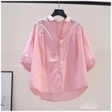 Small Fresh Art And Light Blue Cotton Shirt Women 7-Sleeve Casual Shirt 2025 Summer Temperament Top HZ1208