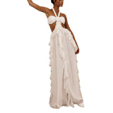 Sexy Women's New Hanging Neck Open Shoulder Lotus Leaves Side Solid Color Dress HZ1208