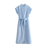 2025 Women's New Striped Side-Side Open-Forked Belt Shirt Dress 6023 HZ1208