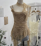 Real Shooting Lace Suspension Sheaf Vest Women's Summer Thin Irregular Lotus Leaf-Side Ribbon Slime Blouse 11851 HZ1208