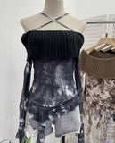 Real Shot Shoulder Cross Hanging Neck Knitting Mesh Yarn Coat Irregular Ribbon Horn Long-Sleeved T-Shirt 1101 HZ1208