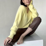 2025 Autumn And Winter Ultra-Soft V-Neck Imitation Marinish Sweater Female Lazy Style Loose Knitted Sweater HZ1208