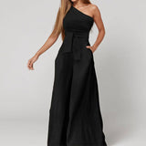 Women's Dress 2025 New Solid Color Collared Shoulder Tie With High-Waisted Broad-Legged Jumpsuit Woman HZ1208