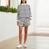 Spring And Autumn 2025 New Round Collar Loose-Fitting Stripe Hit The Color Of The Jacket Women's Suit Long Sleeves And Open Shoulder Clothes + Shorts HZ1208