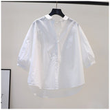 Small Fresh Art And Light Blue Cotton Shirt Women 7-Sleeve Casual Shirt 2025 Summer Temperament Top HZ1208