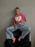 Loose Love Print Short-Sleeved T-Shirt Women's Summer New Water Wash To Make Old Design Feel Bottoming Top Ins HZ1208