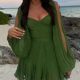 2025 Spring Women's Dress Sexy Hottie Skylit Lantern Sleeve V Collared Shoulder Dress HZ1208