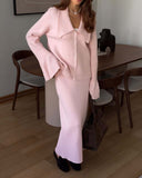 Autumn And Winter Solid Color Overturned Sweater Suit Female Horn Sleeve Temperament Knitted Polo Skirt Two-Piece HZ1208