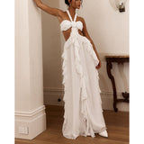 Sexy Women's New Hanging Neck Open Shoulder Lotus Leaves Side Solid Color Dress HZ1208