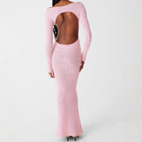 Knitted Women's Dress Sexy Hollow Bare Back Wool Dress Long Sleeve Cover Round Pink Long Dress HZ1208