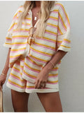 25 Spring And Summer New Women's Explosive Wool Jersey Collar Striped Short-Sleeved Shorts Set HZ1208