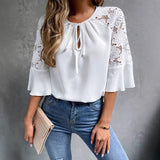 Women's T-Shirt White Seven-Sleeved Lace Splicing Round Tie Solid Color Shirt Woman HZ1208