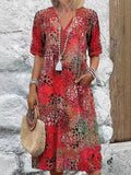2025 Fashion New Printed Lace V-Neck Short-Sleeved Dress HZ1208