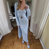 2025 Hot Cotton Knitted Hollow Vest Long Dress + Long Sleeve Open Shirt Set Women's Soft Knitted Shirt HZ1208
