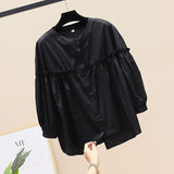 Cotton 2025 Spring And Autumn Korean Version Of The Round-Necked Women's Shirt Age-Old Doll Shirt Fashion Casual Thin Nine-Sleeved Lace Shirt HZ1208