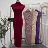 Ceclent Unique Dress With Thin Folds And Hips High-Collar After The Opening Of The Fork Dress 8858 HZ1208