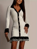 Autumn/Winter 2025 New Temperament Elegant High- Waist Long-Sleeved Leaf Side Knitted Dress Woman HZ1208