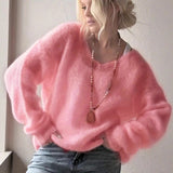 Soft Glutinous V-Neck Long-Sleeved Sweater Woman 2025 Autumn And Winter Cover Solid Color Lazy Wind Loose Knitted Shirt Top HZ1208