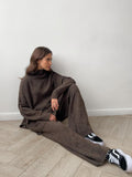 2025 High-Neck Open Fork Wool Sweater Set Women's Loose Casual Lazy Knitting Trousers Two-Piece HZ1208