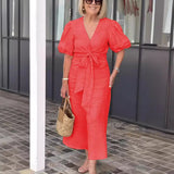 Women's Clothing 2025 Spring And Summer 2025 New V Tie With Foam Sleeve Cotton Dress HZ1208