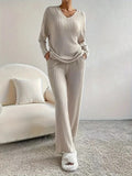 Autumn And Winter New Women's Pure Color V-Neck Loose Blouse Casual Straight Trousers Pit Two Sets HZ1208