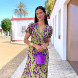 2025 Summer Women's Fashion Folding Print Dress Elegant Body V Collar Short Sleeve Dress HZ1208