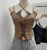 Real Shooting Locomotive Punk Pu Splicing Fishing Net Hanging Neck Sling Vest Babes Wearing Rope Repair Short Blouse 8106 HZ1208