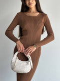 Elegant Wind Solid Color Knitted Dress Female Spring And Autumn Temperament Waist Long Sleeve Long Skirt HZ1208