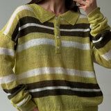 Fashion Striped Knitted POLO Shirt Collar Collar Sweater Loose Leisure Lazy Style New Women's Style HZ1208