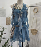 Hanging Neck Lotus Leaf Side Ribbon Print Between The Draw Folded Lace With Bareback Bow Dress 22070 HZ1208