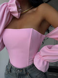 Fashion Sexy Hottie Body Fish Bone Bra Splicing Bubble Sleeve Niche Design Long-Sleeved Corset HZ1208